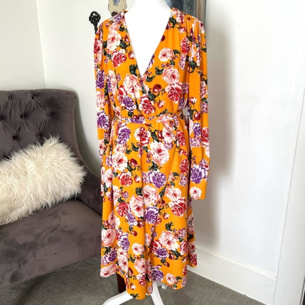 Who What Wear Mustard Roses XL Spring Dress